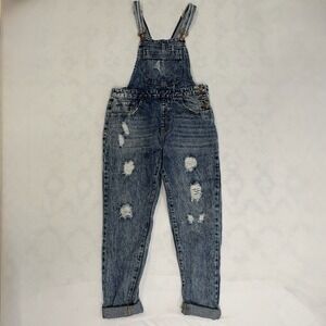 Forever 21 Denim Overalls Women's Size 26 Distressed Skinny Jean Bib Overalls